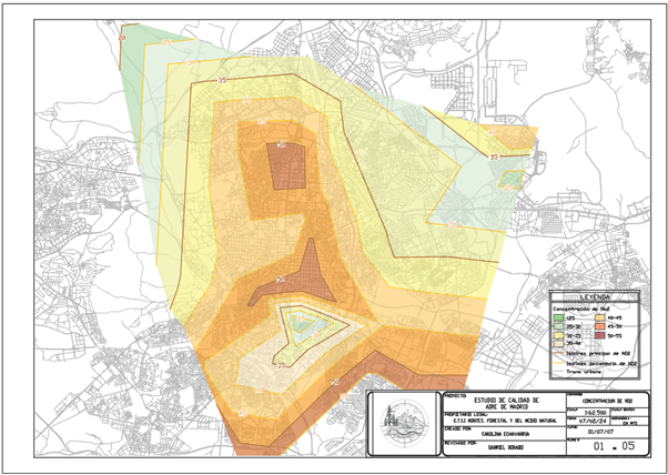 Plano normalizado con el resultado del trazado de las isolíneas de concentración de NO2